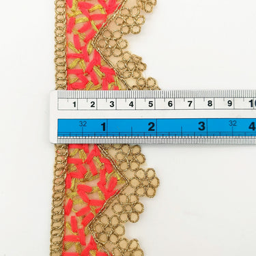 Gold Sheer Tissue Fabric Cutwork Trim with Embroidery in Gold and Orange, Scallop Trim, Fringe Trim